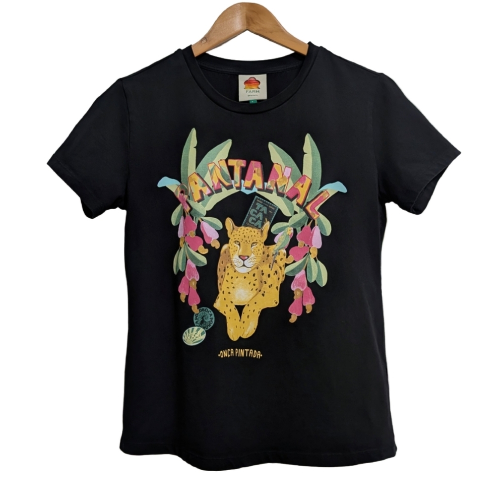 Farm Rio Black Panatal Graphic Tee Tshirt top shirt Jaguar leopard panther Sz S